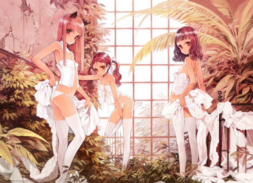 3girls against_wall animal_ears arm_support armpits ass back bangs bare_shoulders black_hair blunt_bangs blush brown_eyes brown_hair buttons camisole cat_ears crop_top dated detached_collar ema_(shirotsume_souwa) embarrassed flat_chest hair_ribbon highres indoors lace lace-trimmed_legwear lace_trim leaf leaning_forward leg_lift legs lingerie long_hair long_legs looking_at_viewer looking_back midriff multiple_girls official_art open_clothes open_shirt outstretched_arm oyari_ashito panties parted_bangs plant profile redrawn revision ribbon sayu_(shirotsume_souwa) shirotsume_souwa shirt short_hair side-tie_panties sidelocks signature skindentation skinny smile standing standing_on_one_leg strapless thighhighs thighs touka_(shirotsume_souwa) tube_top twintails unbuttoned underwear underwear_only undressing wavy_hair white_legwear white_panties window