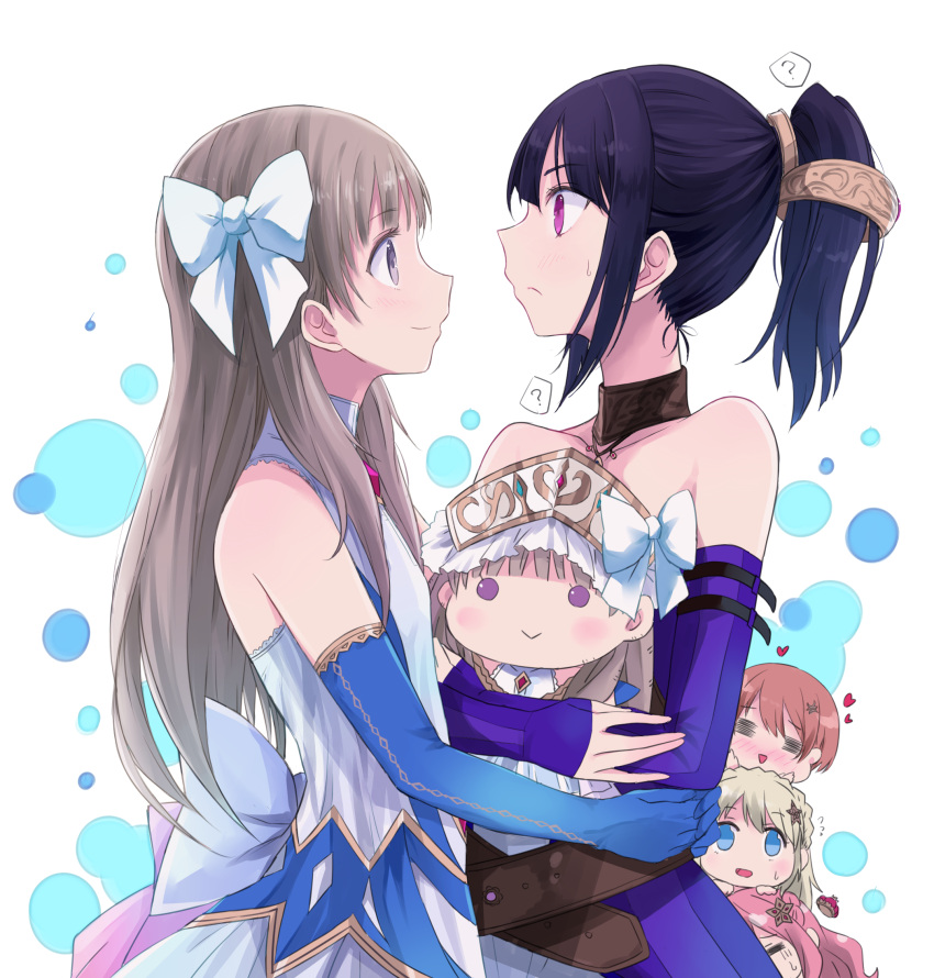 atelier_(series) atelier_totori black_hair blue_eyes brown_eyes brown_hair character_request closed_mouth detached_sleeves dress hair_ornament highres himejoshi long_hair maromi_(am97) mimi_houllier_von_schwarzlang multiple_girls purple_eyes simple_background smile totooria_helmold white_background yuri