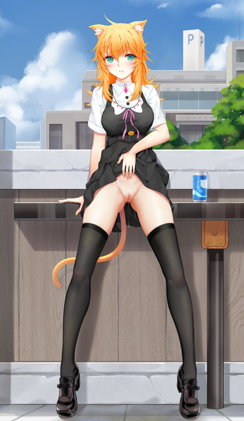 1girl absurdres animal_ears bangs black_legwear blonde_hair blue_eyes blush breasts building cat_ears cat_girl cat_tail clothes_lift day dress dress_lift eyebrows_visible_through_hair highres lifted_by_self looking_at_viewer medium_breasts no_panties original outdoors pussy pussy_juice shirt short_sleeves solo sonikey0_0 tail thighhighs uncensored white_shirt