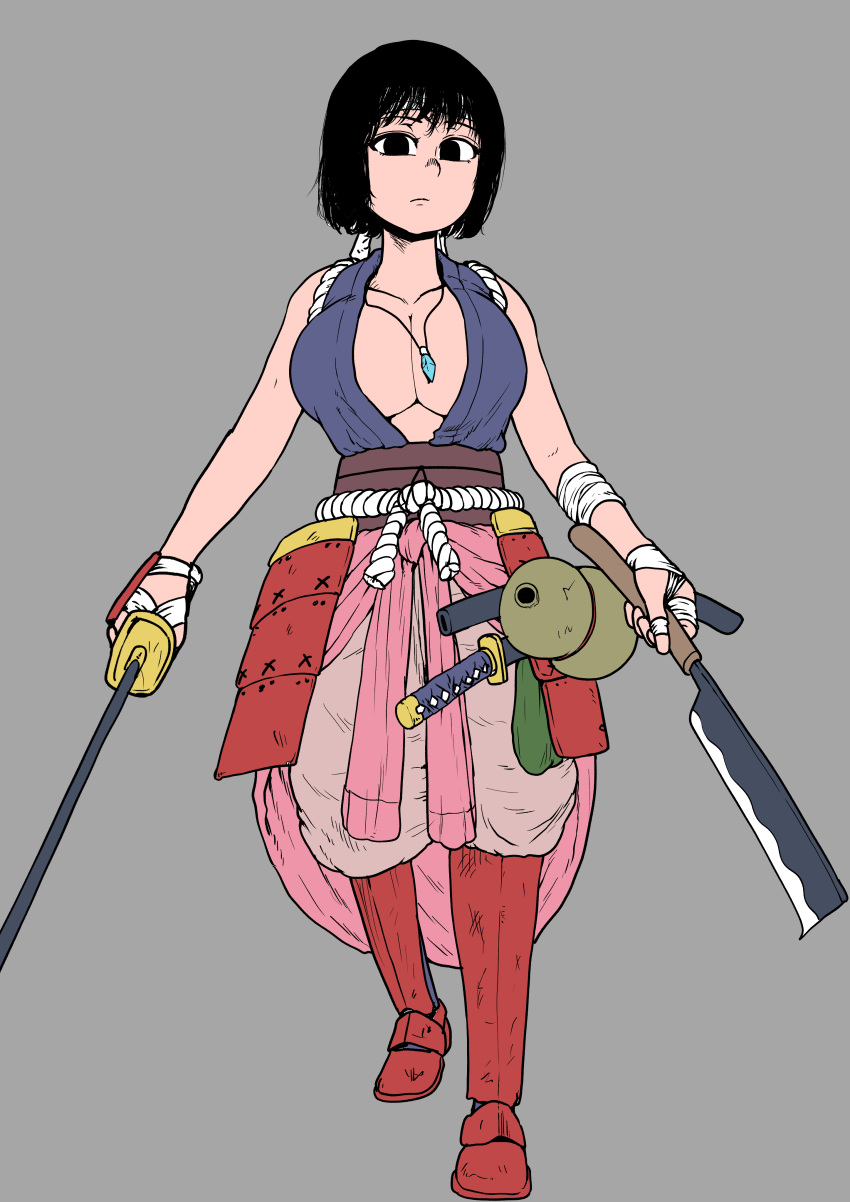 1girl absurdres bangs black_eyes black_hair breasts chanta_(ayatakaoisii) cleavage expressionless grey_background grey_pants highres holding holding_sword holding_weapon jewelry large_breasts looking_at_viewer necklace original pants rope short_hair simple_background solo sword weapon