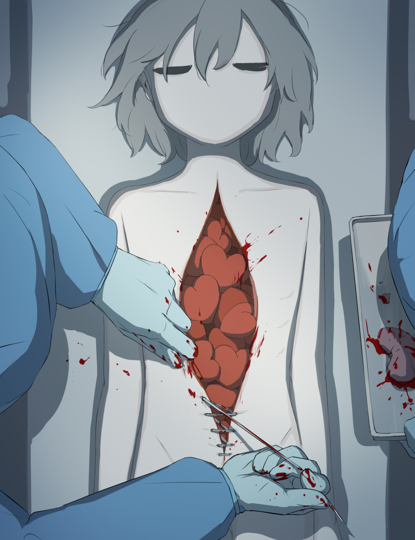 1boy 2others absurdres autopsy avogado6 blood blood_on_hands blood_splatter blue_gloves blue_headwear closed_eyes commentary gloves grey_hair guro heart highres holding holding_tray lying multiple_others on_back organs original solo_focus stitches surgeon surgery tray