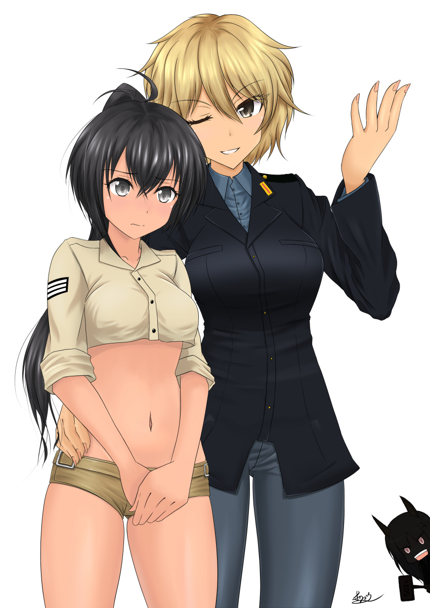 3girls absurdres ahoge black_hair blonde_hair blush brave_witches breasts brown_eyes brown_shorts edytha_rossmann eyebrows_visible_through_hair grey_eyes hand_on_another's_hip highres jealous large_breasts long_hair manaia_matawhaura_hato micro_shorts midriff military military_uniform multiple_girls navel one_eye_closed oryou_gunsou pants pantyhose parted_lips ponytail shiny shiny_hair short_hair shorts silhouette silhouette_demon simple_background small_breasts smile strike_witches uniform waltrud_krupinski white_background world_witches_series yuri