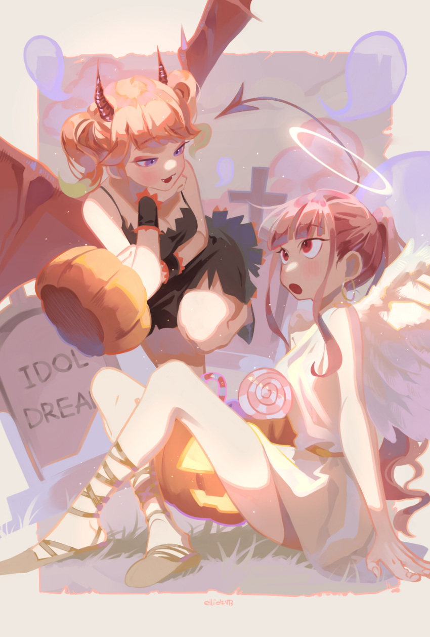 2girls angel angel_and_devil arm_support bangs bare_arms bare_legs black_dress candy candy_cane commentary cross demon_girl demon_horns demon_tail demon_wings dress earrings ellie_niunai_zhuyi_zhe eyebrows_visible_through_hair food ghost halo highres hololive hololive_english hoop_earrings horns jack-o'-lantern jewelry light_blush light_particles lollipop long_hair looking_at_another mori_calliope multiple_girls open_mouth orange_hair pink_hair ponytail purple_eyes red_eyes sandals smile tail takanashi_kiara tombstone two_side_up virtual_youtuber white_background wings wrist_cuffs