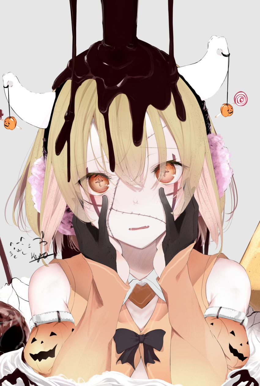 +_+ 1girl bangs bare_shoulders black_gloves blonde_hair blush character_request chocolate chunithm commentary_request detached_sleeves earmuffs eyebrows_visible_through_hair fang gloves grey_background hair_between_eyes hands_on_own_cheeks hands_on_own_face hands_up head_tilt highres horns jack-o'-lantern_print kisaragi_yaya long_sleeves looking_at_viewer orange_eyes parted_lips patchwork_skin pouring saliva saliva_trail short_hair simple_background skin_fang sky_feather solo stitches upper_body