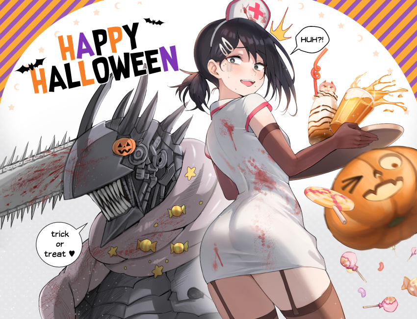 1girl ass beruko14 black_hair black_legwear blood blood_on_clothes candy chainsaw_devil chainsaw_man dress elbow_gloves food garter_straps gloves hair_ornament halloween halloween_costume higashiyama_kobeni highres holiday looking_at_viewer looking_back monster nurse ponytail pumpkin short_dress short_sleeves spilling surprised tears thighhighs