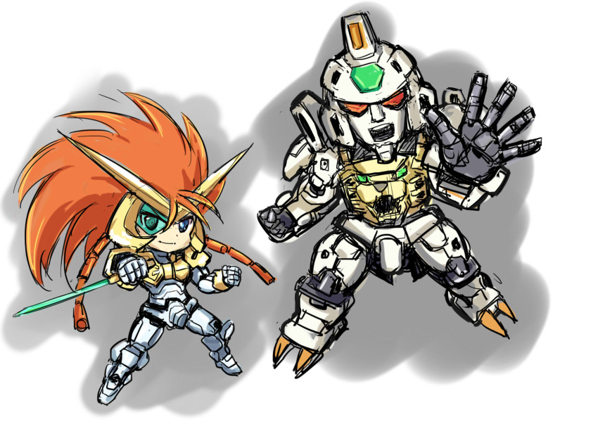 1boy blue_eyes chibi clenched_hand cyborg floating_hair gaigar highres holding holding_knife knife long_hair mecha monocle north_abyssor open_hand orange_hair shishiou_gai sketch smile v-fin yuusha_ou_gaogaigar yuusha_series