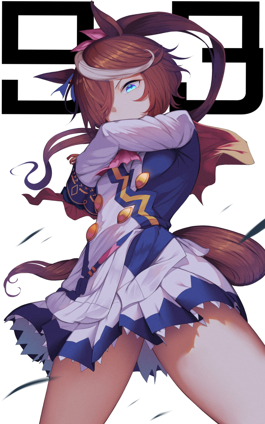 1girl absurdres animal_ears ascot blue_eyes blue_jacket blue_skirt brown_hair buttons cowboy_shot determined double-breasted epaulettes hair_flaps high_ponytail highres horse_ears horse_girl horse_tail jacket long_hair long_sleeves miniskirt multicolored_clothes multicolored_hair multicolored_jacket pink_ascot pink_ribbon pleated_skirt ribbon serious single_epaulette skirt solo streaked_hair tail thighs tokai_teio_(umamusume) two-tone_hair two-tone_jacket two-tone_skirt umamusume white_hair white_jacket white_skirt yamato_(muchuu_paradigm)