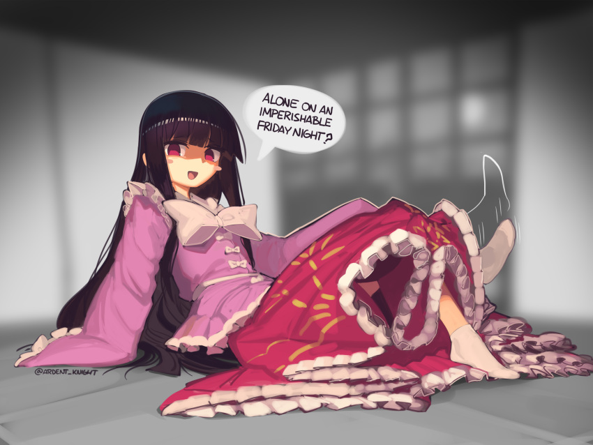 1girl bangs black_hair blunt_bangs blush_stickers boa_(brianoa) bow bowtie dress english_text feet frills highres houraisan_kaguya indoors japanese_clothes long_hair long_sleeves on_floor open_mouth pink_shirt red_eyes shirt sitting sleeves_past_wrists socks solo swinging_legs tabi touhou very_long_hair white_bow white_bowtie white_legwear wide_sleeves