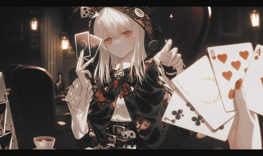 1girl 1other bangs belt black_belt black_headwear bottle card chair closed_mouth clothing_request copyright_request cup grey_hair hand_up hands_up holding holding_card indoors lamp long_hair long_sleeves looking_at_viewer original red_eyes table tea teacup wanke