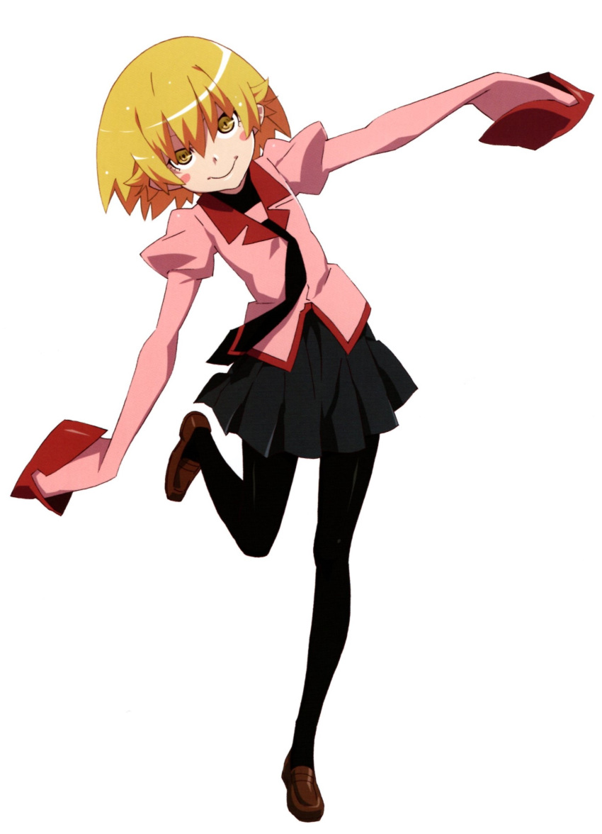 1girl absurdres bangs black_legwear black_necktie black_skirt blonde_hair blush_stickers bob_cut brown_footwear cosplay foot_up full_body hair_between_eyes highres leaning_to_the_side loafers long_sleeves looking_at_viewer monogatari_(series) naoetsu_high_school_uniform necktie official_art oshino_ougi oshino_ougi_(cosplay) oshino_shinobu outstretched_arms pantyhose pink_shirt pleated_skirt puffy_sleeves running scan school_uniform shirt shoes short_hair simple_background skirt sleeves_past_fingers sleeves_past_wrists slit_pupils smile solo standing standing_on_one_leg upturned_eyes watanabe_akio white_background yellow_eyes