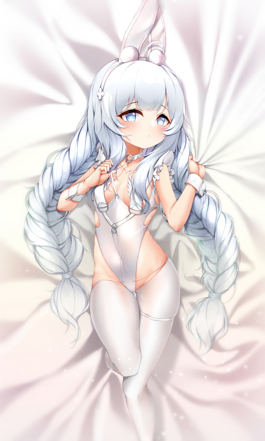 1girl absurdres animal_ear_fluff animal_ears azur_lane bed_sheet braid breasts crotchless crotchless_pantyhose dakimakura_(medium) fake_animal_ears groin highleg highleg_leotard highres knee_up le_malin_(azur_lane) le_malin_(listless_lapin)_(azur_lane) legs leotard leotard_pull long_hair lying on_back pantyhose playboy_bunny pulled_by_self rabbit_ears sheet_grab silver_hair small_breasts solo thigh_strap thighs twin_braids twintails very_long_hair w_wonjin white_background white_legwear white_leotard wrist_cuffs