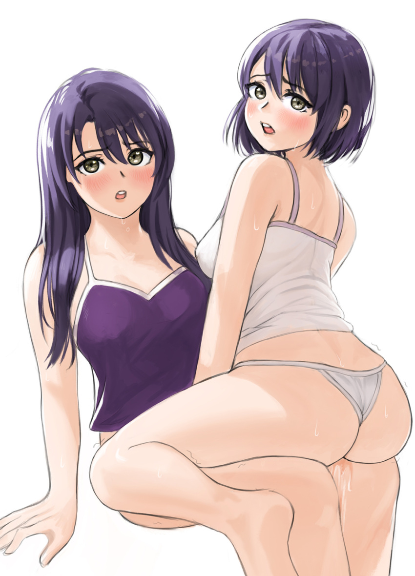 2girls aika_(series) aika_r-16 ass azelweien bangs blue_hair blush breasts clone commentary covered_nipples english_commentary eyebrows_visible_through_hair highres long_hair looking_at_viewer looking_back medium_breasts minamino_karen multiple_girls open_mouth panties purple_shirt pussy_juice selfcest shirt short_hair simple_background sitting sweat underwear white_background white_panties white_shirt yellow_eyes yuri