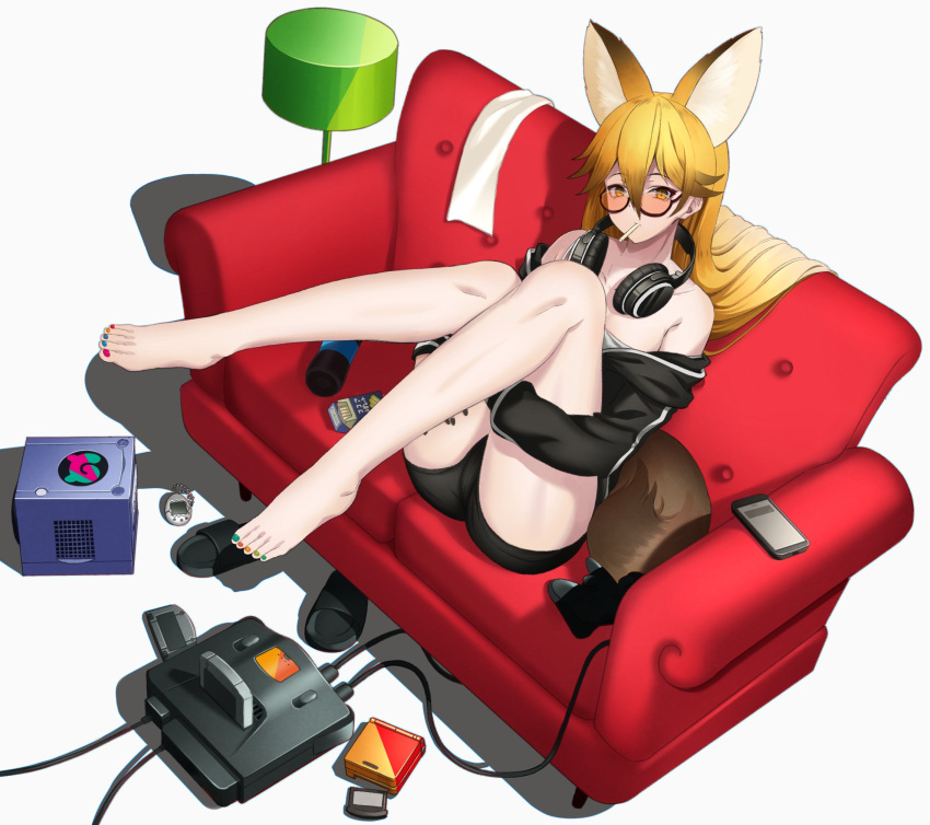 1girl animal_ear_fluff animal_ears bangs bare_legs bare_shoulders barefoot black_shorts blonde_hair cellphone couch deku_suke ezo_red_fox_(kemono_friends) feet flip-flops fox_ears fox_girl fox_tail full_body game_boy_advance_sp game_cartridge game_console gamecube glasses hair_between_eyes handheld_game_console headphones headphones_around_neck highres hugging_own_legs japari_symbol kemono_friends long_hair long_sleeves looking_at_viewer mouth_hold multicolored_nails nail_polish nintendo_64 nintendo_64_controller off_shoulder orange_eyes phone sandals semi-rimless_eyewear short_shorts shorts simple_background sitting smartphone solo tail tamagotchi toenail_polish toenails toes under-rim_eyewear white_background