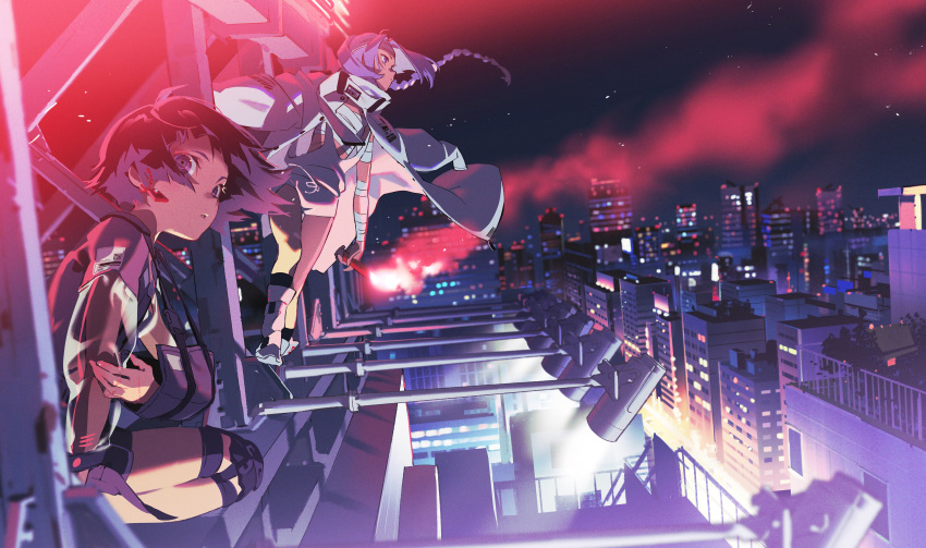 2girls absurdres bandages billboard black_hair braid building city earrings flare highres jacket jacket_on_shoulders jewelry knee_pads lamp long_hair multiple_girls night original purple_hair short_hair single_braid yoneyama_mai