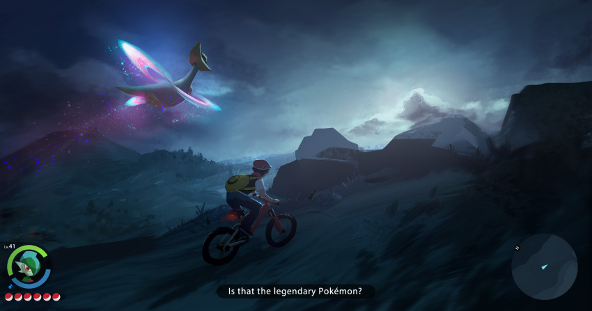 1boy backpack bag black_hair cloud commentary cresselia english_commentary flying gallade glowing hat health_bar highres hill lucas_(pokemon) male_focus minimap night outdoors pants poke_ball_symbol pokemon pokemon_(creature) pokemon_(game) pokemon_dppt riding_bicycle rock shen_yh shoes short_hair sky subtitled yellow_bag