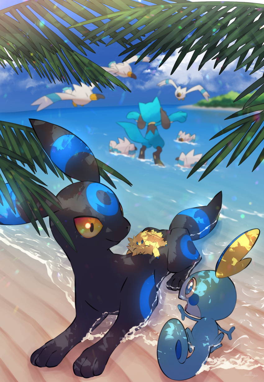 absurdres bird cloud commentary day highres joltik no_humans nullma outdoors pokemon pokemon_(creature) riolu sand shore sky sobble standing umbreon wading water wingull