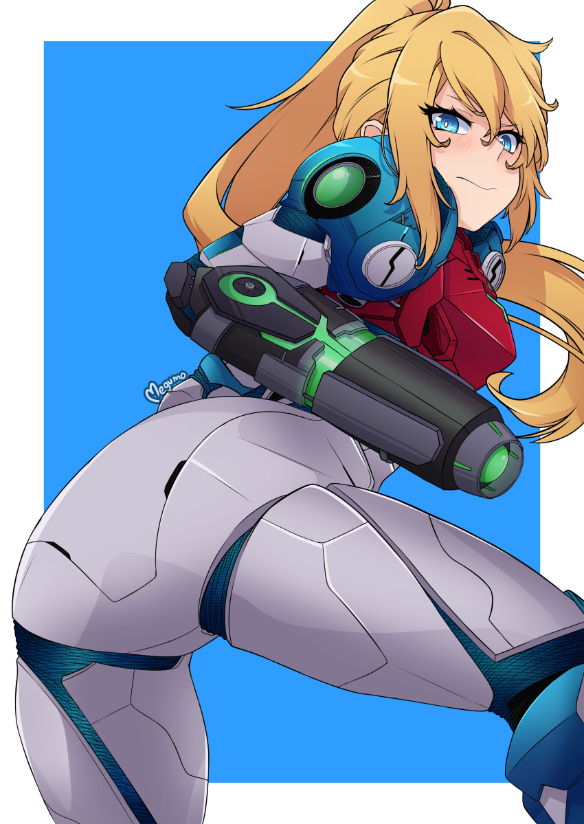 1girl absurdres arm_cannon armor ass bangs blonde_hair blue_eyes blush highres long_hair looking_at_viewer megumo metroid metroid_dread mole mole_under_mouth ponytail power_armor power_suit samus_aran science_fiction simple_background solo weapon