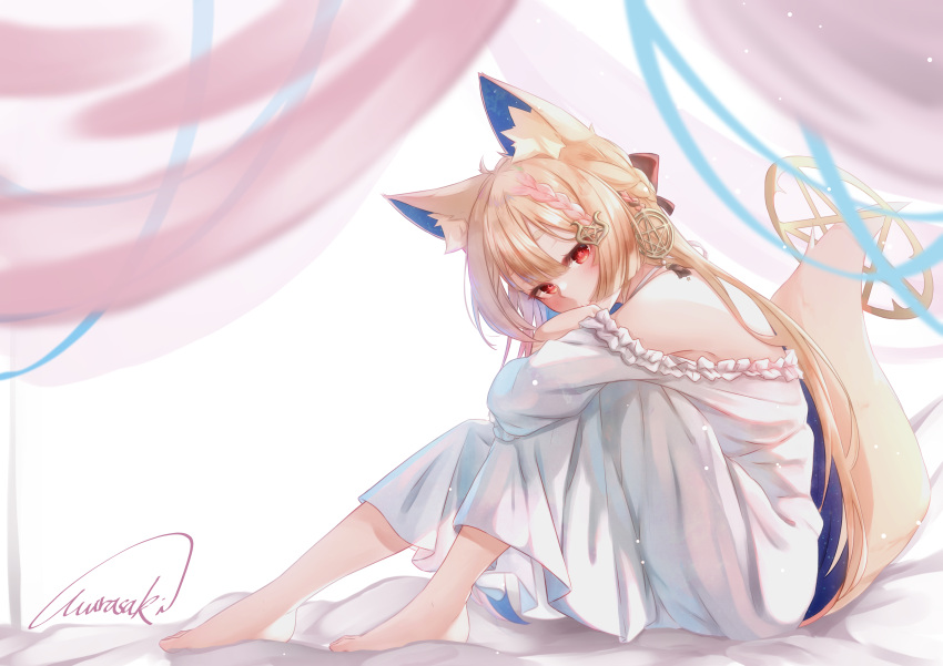 1girl absurdres animal_ear_fluff animal_ears bangs bare_shoulders barefoot bed_sheet blonde_hair blue_hair braid commentary_request dress eyebrows_visible_through_hair frilled_dress frills full_body healing_(vtuber) highres indie_virtual_youtuber long_hair looking_at_viewer multicolored_hair off-shoulder_dress off_shoulder pink_hair purple_(jobseeking) red_eyes short_eyebrows signature simple_background solo tail thick_eyebrows transparent two-tone_hair very_long_hair virtual_youtuber white_background white_dress