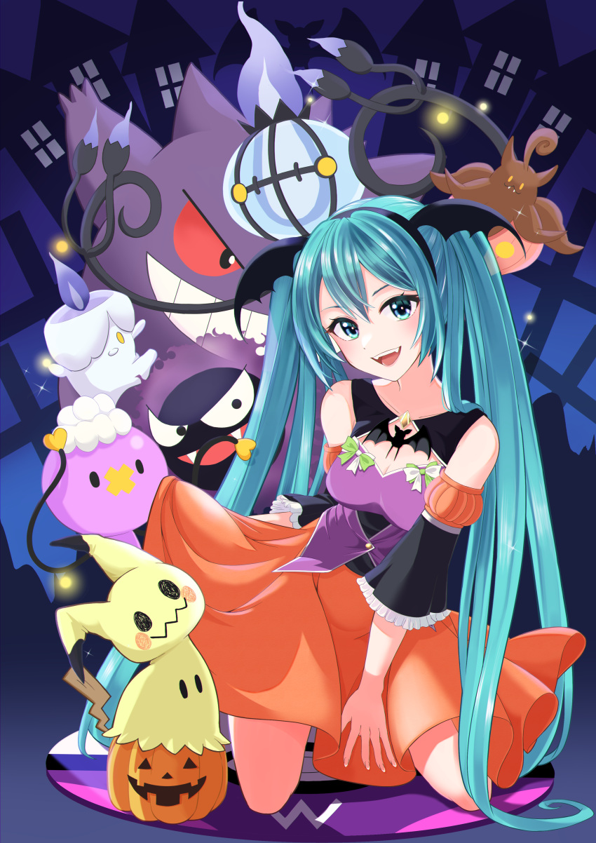 1girl absurdres bangs bare_shoulders blush chandelure commentary crossover detached_sleeves drifloon eringi_(eringi_original) eyelashes gastly gengar green_eyes green_hair halloween hatsune_miku head_tilt highres kneeling litwick long_hair looking_at_viewer md5_mismatch mimikyu open_mouth orange_skirt pokemon pokemon_(creature) pumpkaboo skirt smile teeth tongue twintails upper_teeth vocaloid