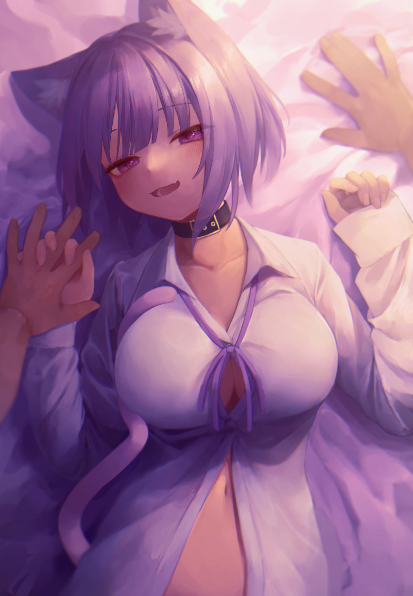 1girl absurdres animal_ears bangs bed_sheet black_choker blush breasts cat_ears cat_girl choker collared_shirt commentary eyebrows_visible_through_hair eyes_visible_through_hair highres hololive large_breasts long_sleeves looking_at_viewer lying midriff nanome_to navel neck_ribbon nekomata_okayu official_alternate_costume on_back open_mouth pov pov_hands purple_eyes purple_hair purple_ribbon ribbon shirt short_hair sleeves_past_wrists smile solo_focus tail_raised upper_body virtual_youtuber white_shirt