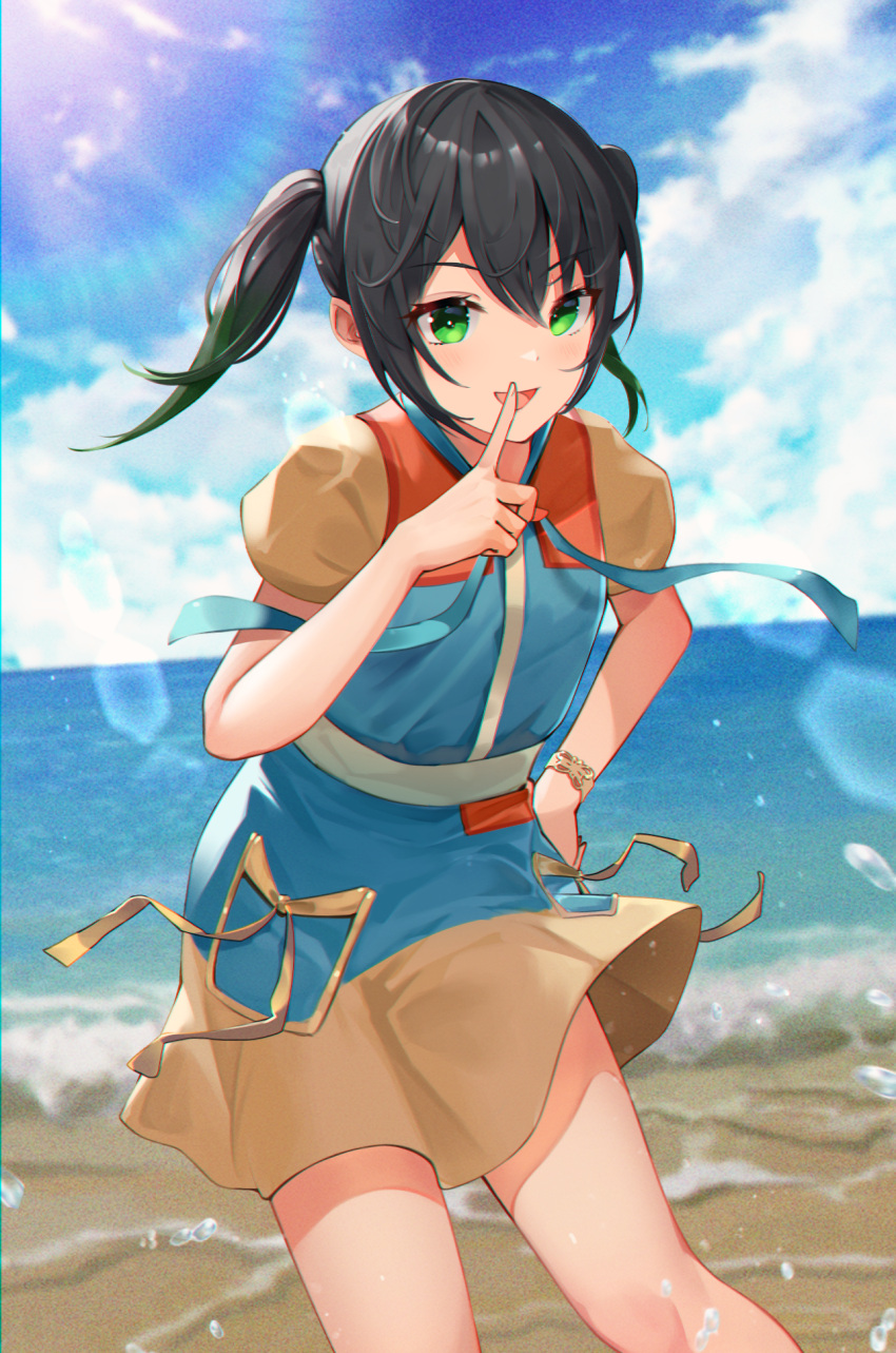 1girl bangs beach black_hair blue_sky brown_dress cloud day dress finger_to_mouth gradient_hair green_eyes green_hair hair_between_eyes highres horizon index_finger_raised kenko_(a143016) lens_flare looking_at_viewer love_live! love_live!_nijigasaki_high_school_idol_club medium_hair multicolored_hair ocean open_mouth outdoors short_sleeves sky smile solo streaked_hair sunlight takasaki_yuu twintails two-tone_hair water yano_hinaki