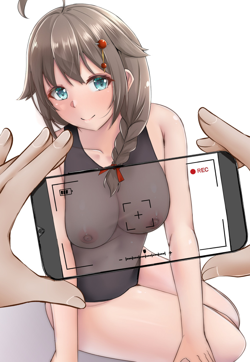 1girl absurdres ahoge aqua_eyes bangs bare_arms bare_shoulders black_swimsuit blush braid breasts brown_hair camera closed_mouth collarbone hair_ornament highres kantai_collection large_breasts long_hair looking_at_viewer nipples one-piece_swimsuit phone pov shigure_(kancolle) shohei_(piranha5hk) simple_background sitting smile solo_focus swimsuit thighs white_background x-ray_vision