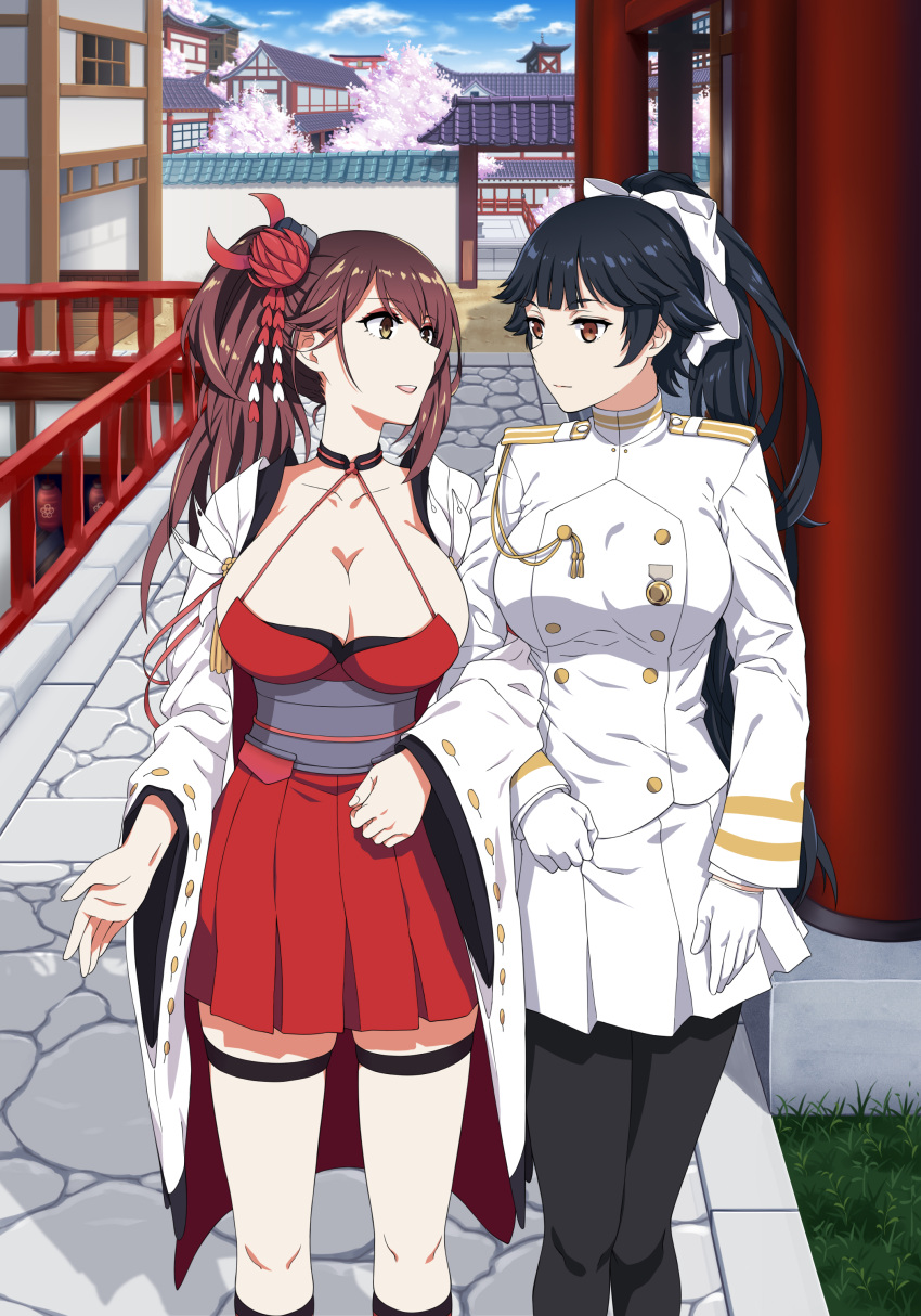 2girls absurdres architecture azur_lane black_eyes black_hair black_legwear breasts brown_eyes brown_hair chaos-lizard cherry_blossoms chinese_commentary commentary_request crossed_arms east_asian_architecture gloves hair_ornament hairband highres holding_hands japanese_clothes kimono large_breasts leg_belt long_hair looking_at_another military military_uniform multiple_girls open_mouth pantyhose ponytail smile stone_floor takao_(azur_lane) thighhighs uniform white_gloves yuri zuikaku_(azur_lane)