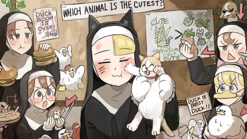 5girls :3 :o :t =_= animal animal_ears animal_on_hand arrow_(symbol) beret bird bird_on_hand bite_mark blonde_hair blue_eyes board brown_eyes brown_hair bubble_pipe burger cat cat_ears catholic chicken chili_pepper collar commentary diva_(hyxpk) drawing duck earthworm eating english_commentary english_text fake_animal_ears fake_whiskers fedora food food_in_mouth frog glasses_nun_(diva) gluttonous_nun_(diva) habit half-bang_nun_(diva) hanging_plant hat hedgehog highres holding holding_animal holding_cat hook-bang_nun_(diva) jealous kitten little_nuns_(diva) mask mole_(animal) monocle mouth_hold mouth_mask multiple_girls nun ostrich paw_print pointing protagonist_nun_(diva) red_eyes red_hair shadow sign spread_wings stool sweat sweating_profusely triangle_mouth