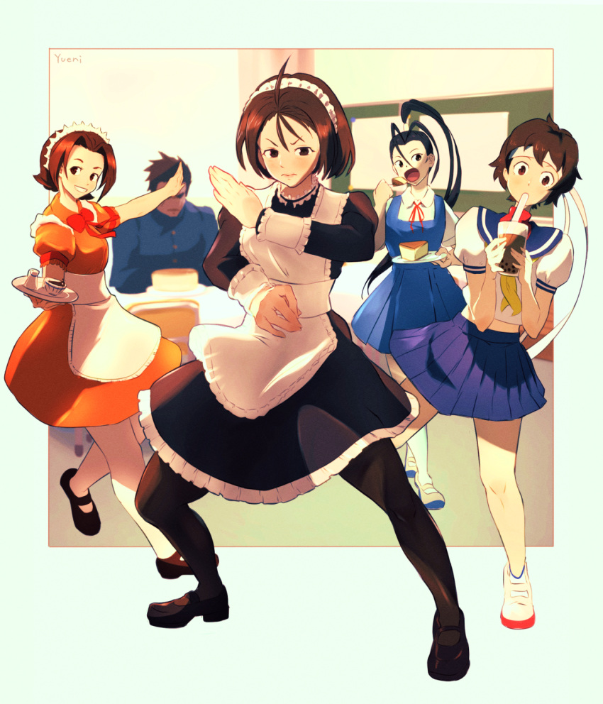 1boy 4girls ahoge apron breasts brother_and_sister brown_hair bubble_tea cake cake_slice drinking_straw fighting_stance food high_ponytail highres ibuki_(street_fighter) justice_gakuen kasugano_sakura kazama_akira kazama_daigo looking_at_viewer maid maid_apron maid_cafe maid_headdress midriff multiple_girls open_mouth outside_border pantyhose puffy_short_sleeves puffy_sleeves school_uniform serafuku shoes short_hair short_sleeves siblings signature skirt street_fighter street_fighter_v tea wakaba_hinata yuenibushi