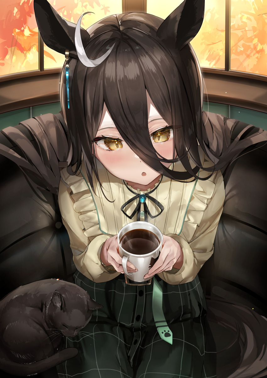 1girl :o absurdres ahoge animal animal_ears black_hair blush cat cbi_cbi coffee_cup cup disposable_cup frilled_shirt frills green_skirt hair_between_eyes highres holding holding_cup horse_ears horse_girl long_hair long_sleeves looking_at_viewer manhattan_cafe_(umamusume) multicolored_hair plaid plaid_skirt shirt sitting skirt solo streaked_hair umamusume white_hair yellow_eyes yellow_shirt