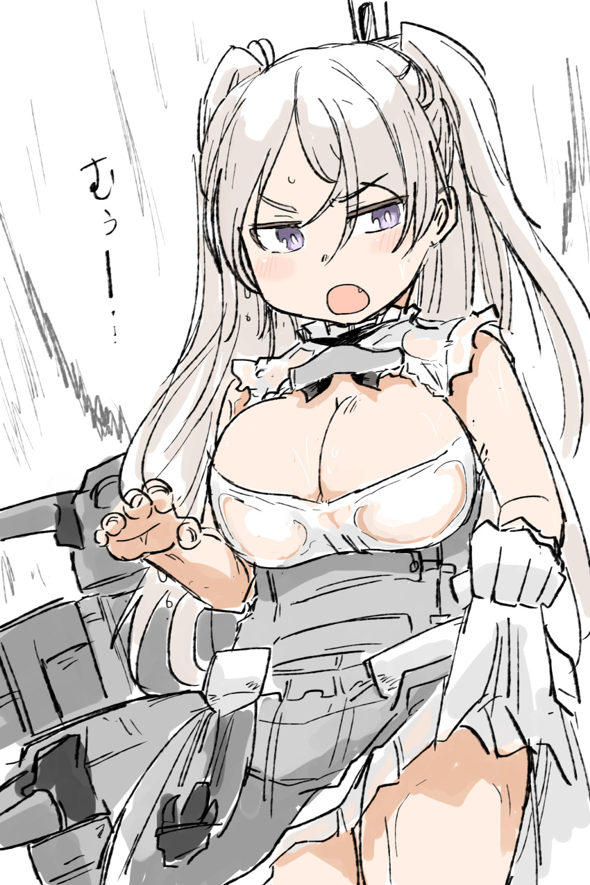 1girl absurdres breasts cleavage cleavage_cutout clothes_lift clothing_cutout commentary_request conte_di_cavour_(kancolle) corset cowboy_shot dress dress_lift fang frilled_dress frills gloves grey_eyes highres kantai_collection large_breasts long_hair looking_at_viewer machinery open_mouth poyo_(hellmayuge) remodel_(kantai_collection) silver_hair solo two_side_up white_dress white_gloves