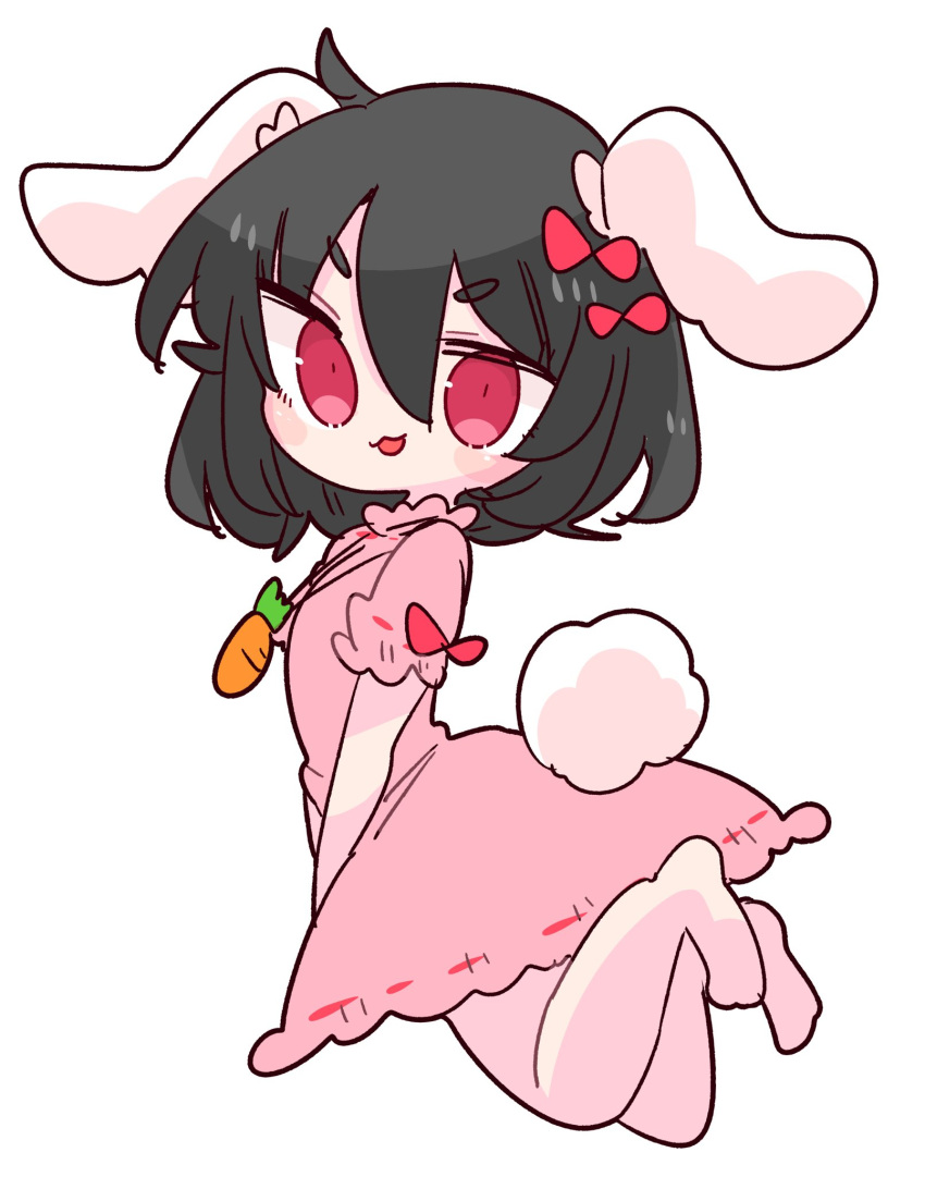 1girl :3 animal_ears barefoot black_hair bow carrot_necklace commentary dress floppy_ears frilled_dress frilled_sleeves frills full_body hair_bow highres inaba_tewi op_na_yarou pink_dress puffy_short_sleeves puffy_sleeves rabbit_ears rabbit_tail red_eyes ribbon-trimmed_dress short_hair short_sleeves simple_background sleeve_bow solo tail touhou white_background