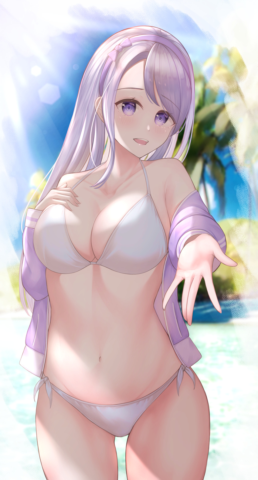 1girl absurdres asymmetrical_bangs bangs bikini blurry blurry_background breasts cleavage commentary_request cowboy_shot highres jacket kantai_collection kazama_ran large_breasts lens_flare long_hair looking_at_viewer pink_jacket purple_eyes sagiri_(kancolle) side-tie_bikini silver_hair smile solo sun swept_bangs swimsuit white_bikini