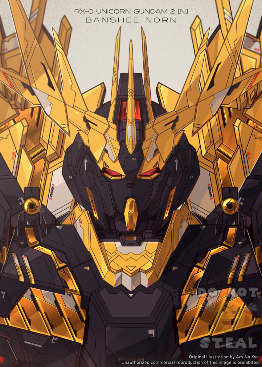 artist_name azzalea character_name english_commentary gundam gundam_unicorn highres looking_at_viewer mecha mobile_suit no_humans nt-d portrait red_eyes science_fiction solo unicorn_gundam_banshee v-fin watermark