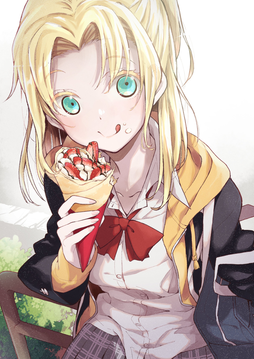 1girl absurdres berry black_jacket blazer blonde_hair bow collarbone commentary_request commission crepe eyebrows_visible_through_hair food food_on_face fruit green_eyes highres holding holding_food hood hoodie io_naomichi jacket long_sleeves looking_at_viewer open_clothes open_hoodie outdoors plaid plaid_skirt red_bow school_uniform shirt skeb_commission skirt solo tongue tongue_out white_shirt yellow_hoodie