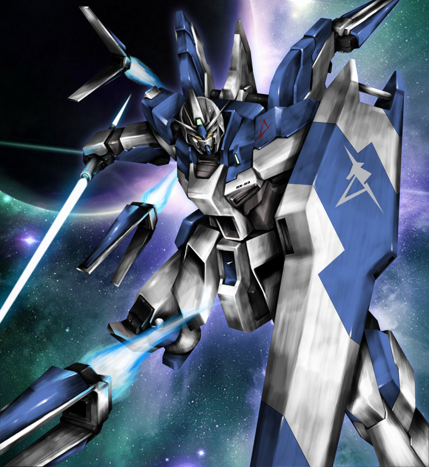 beam_saber char's_counterattack char's_counterattack_-_beltorchika's_children commentary_request double-blade emblem energy_sword fin_funnels funnels gundam hi-nu_gundam highres juya mecha mobile_suit no_humans planet science_fiction shield solo space star_(sky) sword v-fin weapon yellow_eyes
