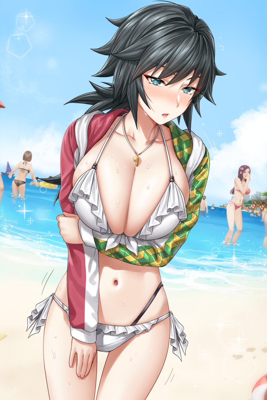 2girls aqua_eyes arm_under_breasts beach bikini black_hair blush breasts cleavage commentary day english_text frilled_bikini frills genderswap genderswap_(mtf) highres huge_breasts jacket kimetsu_no_yaiba lips long_hair looking_at_viewer multiple_girls navel ocean open_mouth outdoors sky spiked_hair swimsuit teeth tomioka_giyuu yakimi_27