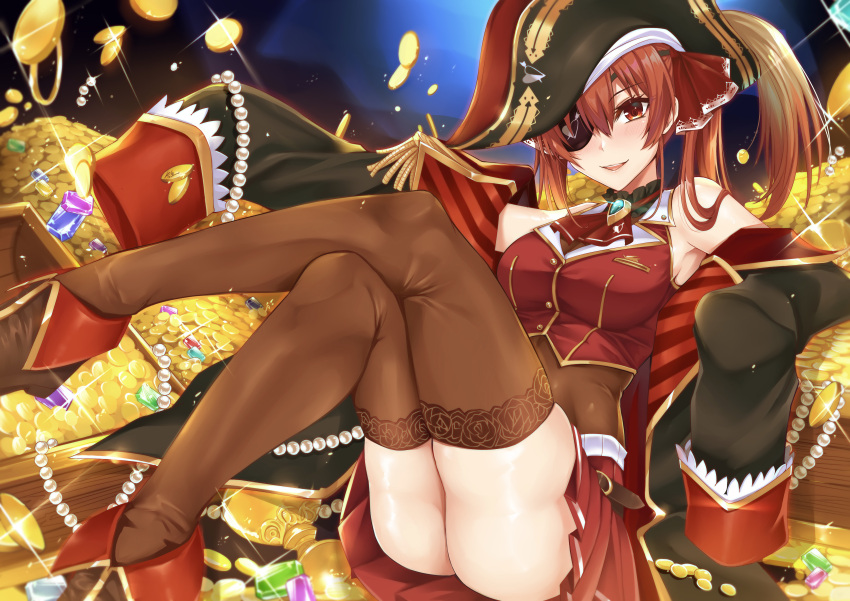 1girl absurdres ascot ass belt blush breasts brown_legwear crop_top crossed_legs epaulettes eyepatch feet_out_of_frame gem gold gu_li hat hat_feather highres hololive houshou_marine jacket legs legs_up looking_at_viewer medium_breasts miniskirt off_shoulder open_mouth pirate_hat pleated_skirt red_eyes red_hair red_vest sitting skirt sleeves_past_wrists smile solo thighhighs thighs treasure treasure_chest twintails vest virtual_youtuber