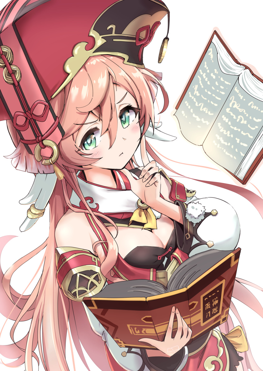 1girl antlers bare_shoulders blush book breasts cleavage cleavage_cutout clothing_cutout crop_top detached_sleeves genshin_impact green_eyes hair_between_eyes highres holding holding_book long_hair long_sleeves looking_to_the_side n2midori pink_hair reading red_headwear revealing_clothes small_breasts yanfei_(genshin_impact)