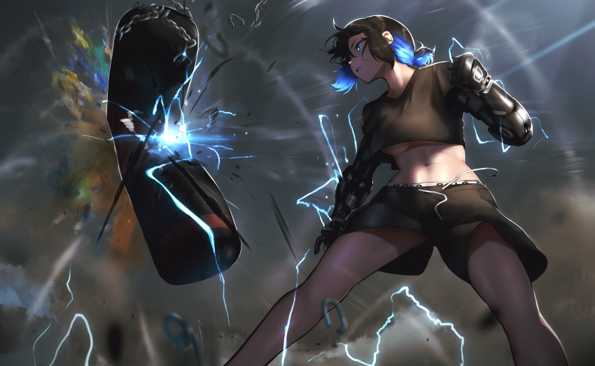 1girl absurdres bangs black_hair black_shirt black_shorts blue_eyes breasts clenched_hand commentary commission cowboy_shot crop_top electricity from_below hair_between_eyes highres hoplitx medium_breasts medium_hair midriff navel original parted_lips pixiv_request prosthesis prosthetic_arm punching punching_bag shirt short_ponytail short_shorts short_sleeves shorts sidelocks solo standing t-shirt underboob
