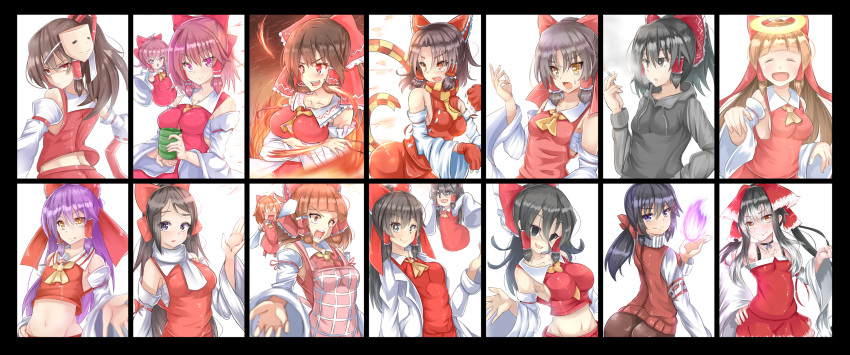 1boy 6+girls 833_(cookie) apron ascot bangs benikurage_(cookie) between_breasts black_eyes black_hair black_hoodie blank_eyes blunt_bangs blush bow breasts bright_pupils brown_eyes brown_hair brown_skirt cigarette cili_(cookie) claws closed_eyes closed_mouth coat commentary_request cookie_(touhou) cowboy_shot cup detached_sleeves dress empty_eyes everyone eyebrows_visible_through_hair fire frilled_bow frilled_hair_tubes frilled_shirt_collar frills full_body gradient_hair grater grin hair_between_eyes hair_bow hair_tubes hakurei_reimu halo hand_in_pocket hand_on_hip highres holding holding_cup hood hoodie hotaruda_(cookie) hyper_muteki_(artist) kanna_(cookie) labcoat large_breasts long_hair looking_at_viewer maru_(cookie) mask mask_on_head matekora_(cookie) medium_breasts medium_hair midriff minigirl mugi_(cookie) multicolored_hair multiple_girls navel necktie necktie_between_breasts noel_(cookie) open_mouth orange_scarf otoko_no_ko parted_bangs pink_apron ponytail purple_hair red_bow red_dress red_eyes red_mittens red_shirt red_skirt red_sweater_vest redrawn reu_(cookie) ribbon-trimmed_sleeves ribbon_trim rurima_(cookie) sakenomi_(cookie) sananana_(cookie) sarashi scarf shinonome_(cookie) shiromiya_rei shirt short_hair sidelocks skirt skirt_set sleeve_bow sleeveless sleeveless_shirt sleeves_past_fingers sleeves_past_wrists small_breasts smile smoking striped striped_scarf sweater_vest swept_bangs touhou upper_body very_long_hair white_coat white_hair white_pupils white_scarf white_sleeves yamasaka_aimi yellow_ascot yellow_necktie yellow_scarf yunomi yuyusu_(cookie)