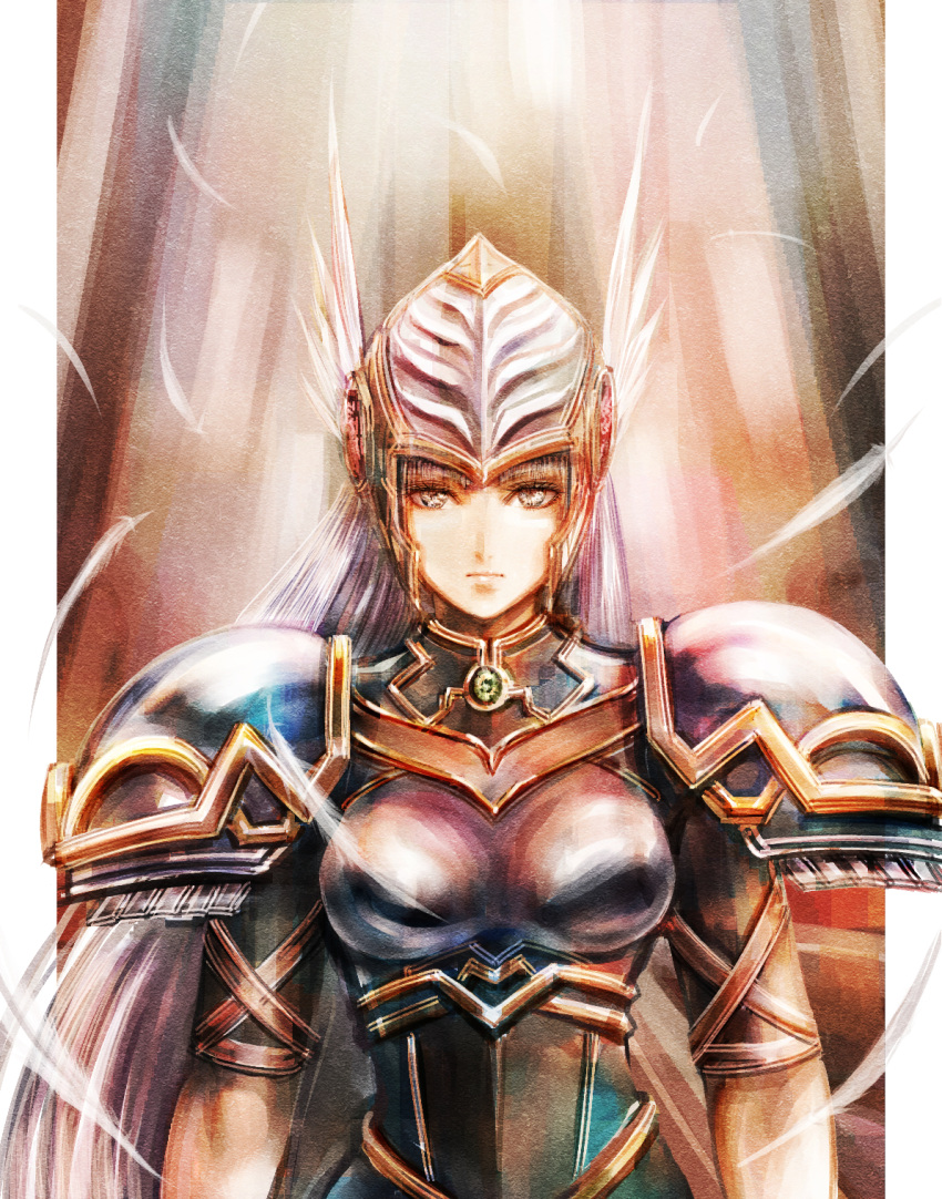 1girl armor blue_armor blue_eyes feathers gold_trim helmet highres lenneth_valkyrie looking_at_viewer portrait shoulder_armor silver_hair solo sushi_(sashimise) valkyrie valkyrie_profile winged_helmet