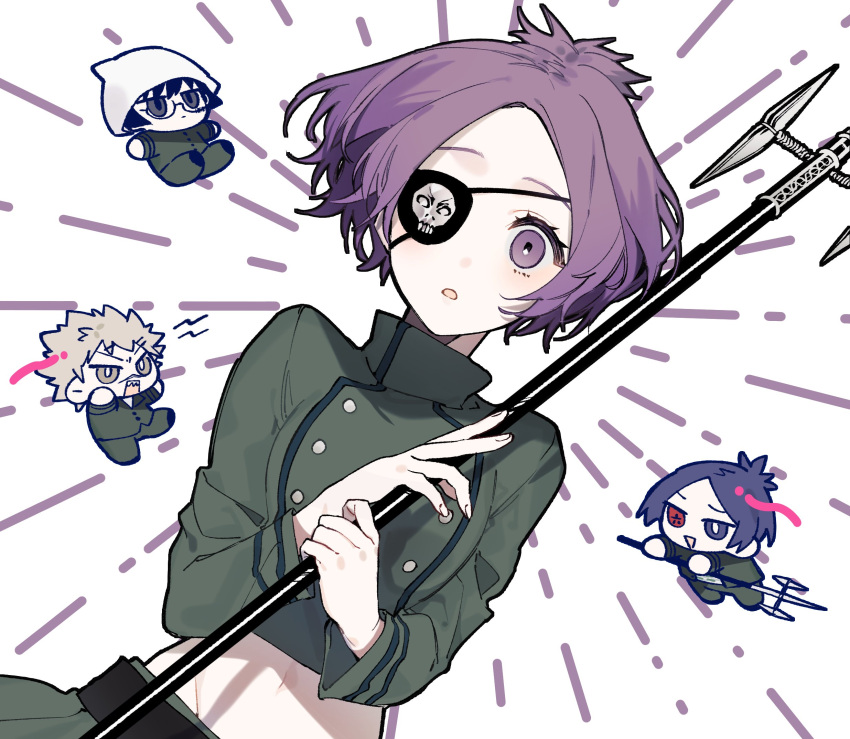 1girl 3boys beanie black_eyes buttons chrome_dokuro commentary cropped_jacket double-breasted dutch_angle eyepatch glasses green_jacket green_pants green_skirt grey_eyes hat heterochromia highres holding holding_polearm holding_weapon jacket joushima_ken kakimoto_chikusa katekyo_hitman_reborn! light_brown_hair long_sleeves looking_at_viewer midriff multiple_boys naomato navel one_eye_covered pants parted_lips polearm purple_eyes purple_hair rokudou_mukuro short_hair simple_background skirt symbol-only_commentary weapon white_background white_headwear