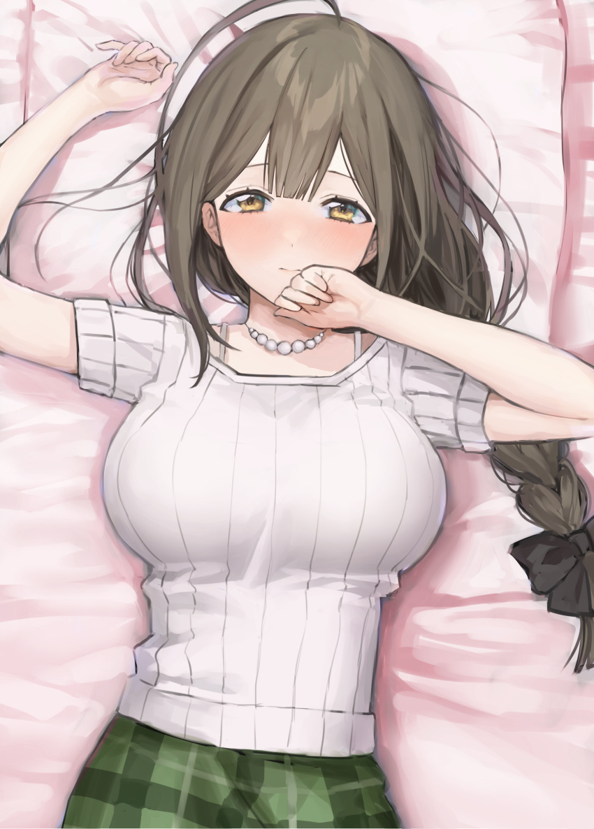 1girl absurdres arms_up bed bed_sheet blush bow braid braided_ponytail breasts full-face_blush green_hair hair_bow highres idolmaster idolmaster_shiny_colors jewelry kuwayama_chiyuki large_breasts looking_at_viewer lying necklace on_back pearl_necklace pillow plaid plaid_skirt seinarazu shirt skirt solo striped striped_shirt yellow_eyes