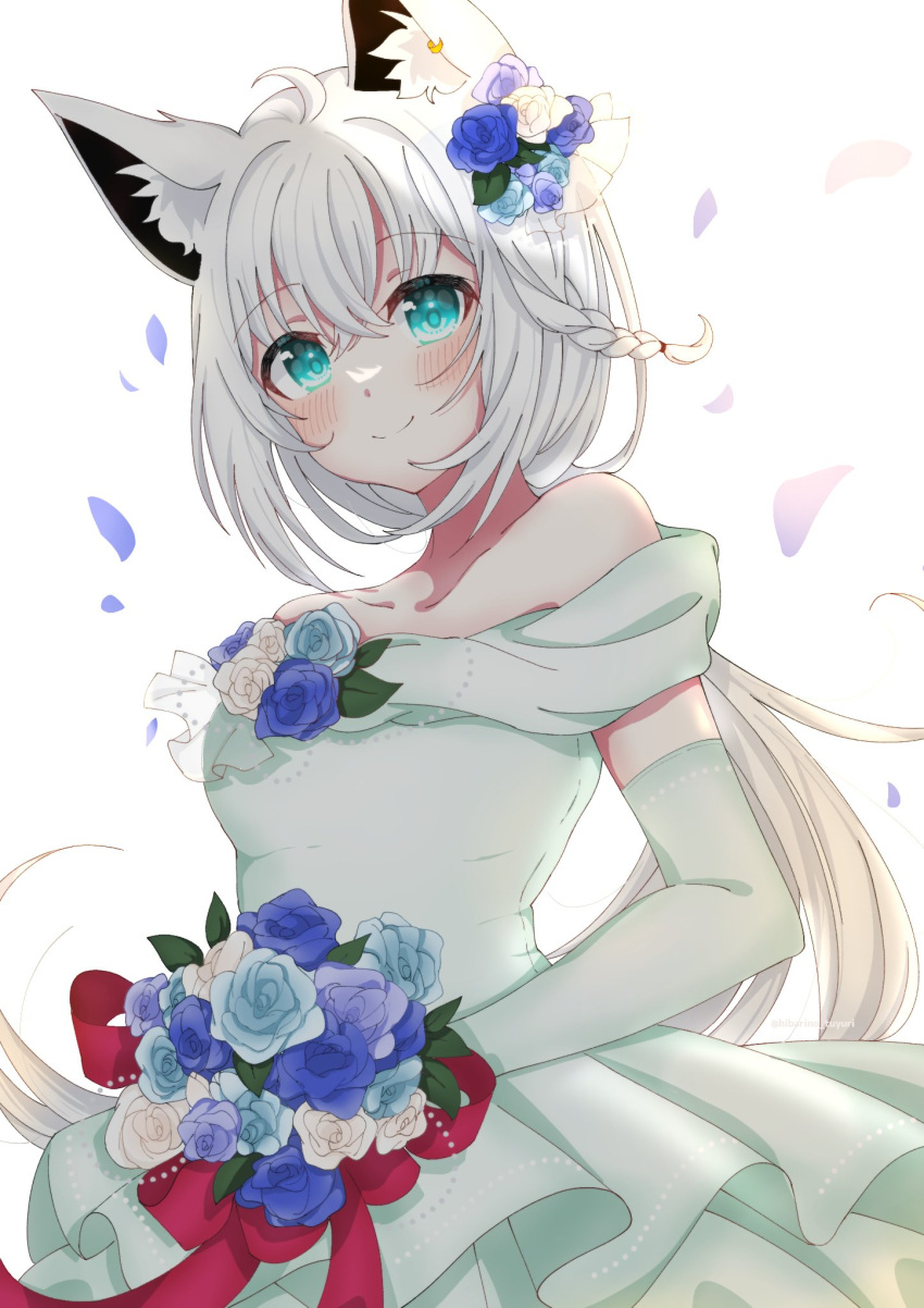 1girl ahoge animal_ear_fluff animal_ears bangs bare_shoulders blush bouquet braid breasts commentary_request dress earrings elbow_gloves eyebrows_visible_through_hair flower fox_ears fox_girl gloves green_eyes hair_between_eyes hair_flower hair_ornament hibarino_tuyuri highres holding holding_bouquet hololive jewelry long_hair looking_at_viewer off-shoulder_dress off_shoulder petals shirakami_fubuki sidelocks simple_background single_braid small_breasts smile solo virtual_youtuber white_background white_dress white_gloves white_hair