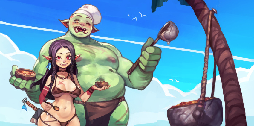 1boy 1girl absurdres bikini blush bowl braid breasts brown_bikini brown_choker chef_hat choker cleaver colored_skin condensation_trail cross_scar cyancapsule day earrings feather_earrings feathers female_orc food green_skin hat highres holding holding_bowl holding_ladle holding_spoon jewelry ladle large_breasts loincloth long_hair looking_at_viewer monster_girl navel orc orc_girl_(cyancapsule) original outdoors palm_tree pelvic_curtain pointy_ears pot purple_hair red_eyes scar scar_on_breasts side_braids slit_pupils smile spoon swimsuit tree tusks white_headwear yellow_skin