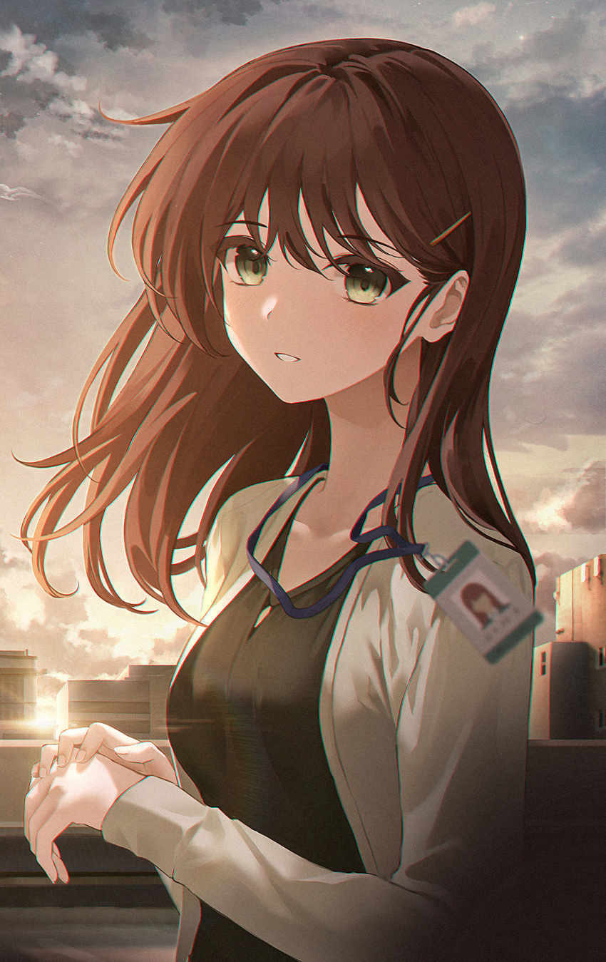 1girl backlighting bangs black_shirt blush breasts brown_hair city cloud commentary connie_(keean2019) eyebrows_visible_through_hair gradient_sky green_eyes grey_jacket hair_ornament hairclip highres id_card jacket lens_flare long_hair long_sleeves looking_at_viewer medium_breasts open_clothes open_jacket original outdoors parted_lips shirt sky smile solo sunlight twilight upper_body