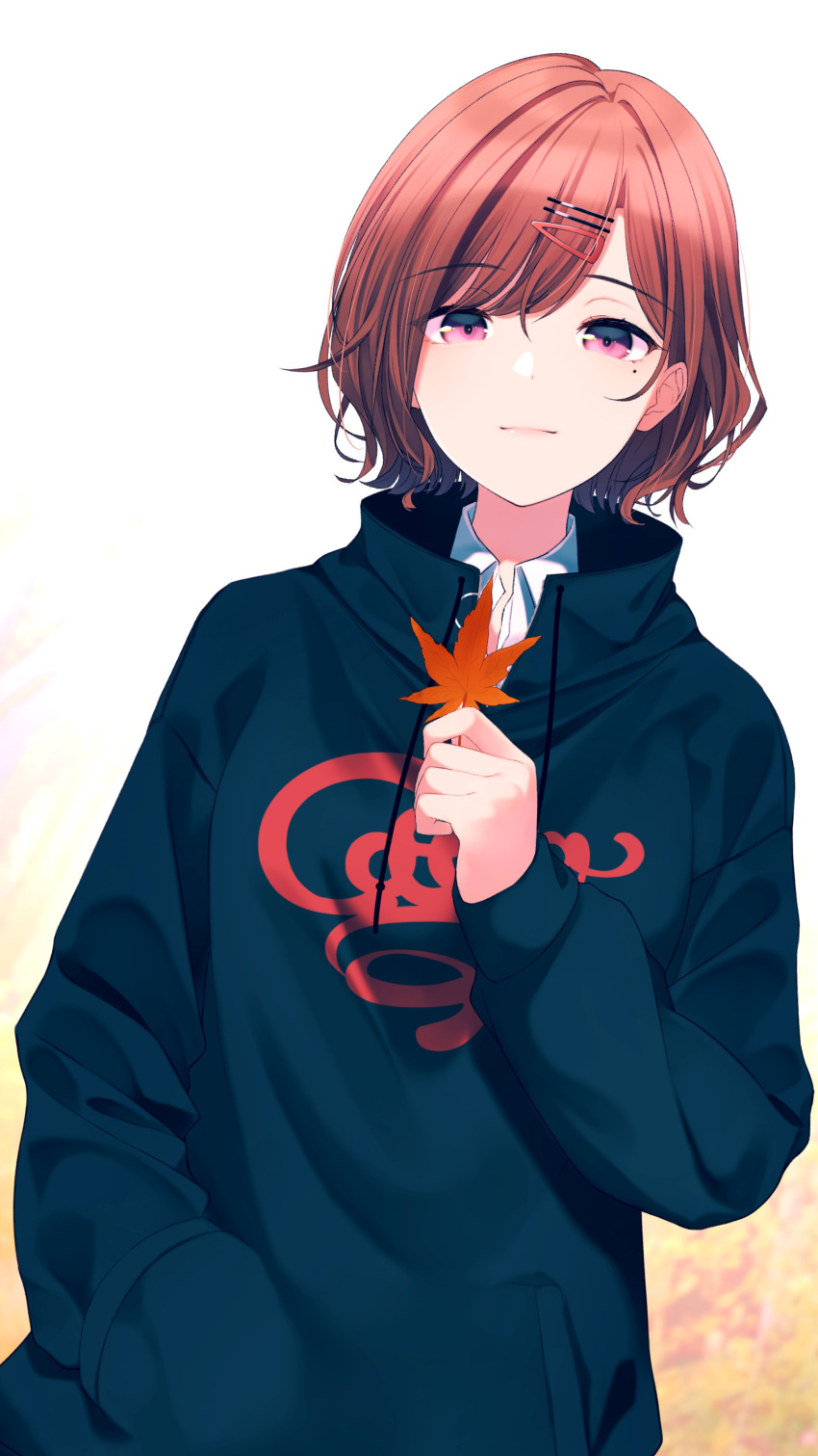 1girl absurdres eyebrows_visible_through_hair gradient gradient_background hair_ornament hairclip hairpin hand_in_pocket highres higuchi_madoka holding holding_leaf idolmaster idolmaster_shiny_colors leaf light_smile looking_at_viewer maple_leaf mole mole_under_eye nishinomiya_suzu print_shirt red_eyes red_hair school_uniform shirt short_hair simple_background solo sweatshirt upper_body