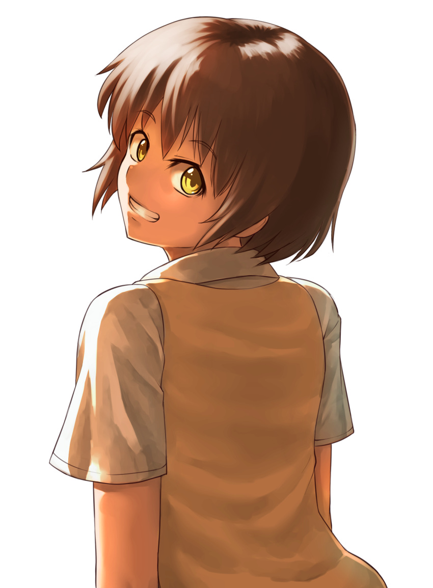 1girl brown_eyes brown_hair highres kaminagi_ryouko looking_at_viewer looking_back ranma_(kamenrideroz) school_uniform short_hair simple_background smile solo white_background zegapain