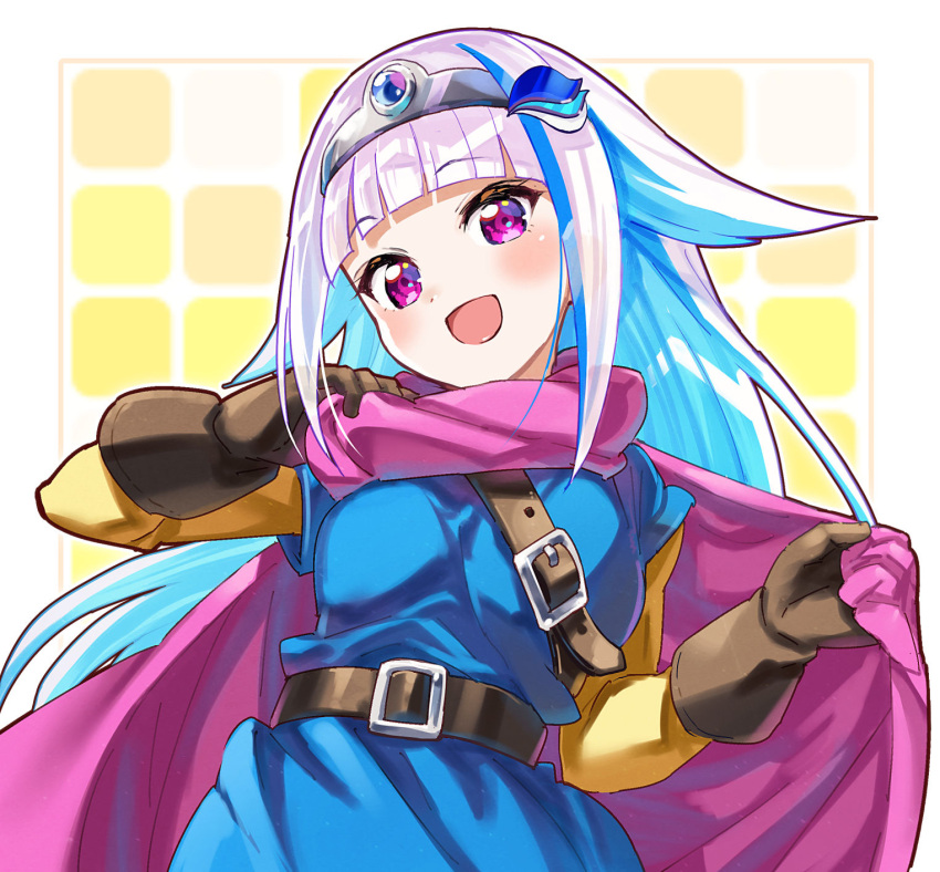 1girl :d bangs belt belt_buckle black_belt black_gloves blue_hair blue_tunic buckle cape circlet commentary cosplay dragon_quest dragon_quest_iii eyebrows_visible_through_hair gloves highres layered_sleeves lize_helesta long_hair long_sleeves looking_at_viewer multicolored_hair nijisanji pink_cape pink_hair purple_eyes roto roto_(cosplay) sakino_shingetsu short_over_long_sleeves short_sleeves smile solo two-tone_hair upper_body very_long_hair virtual_youtuber